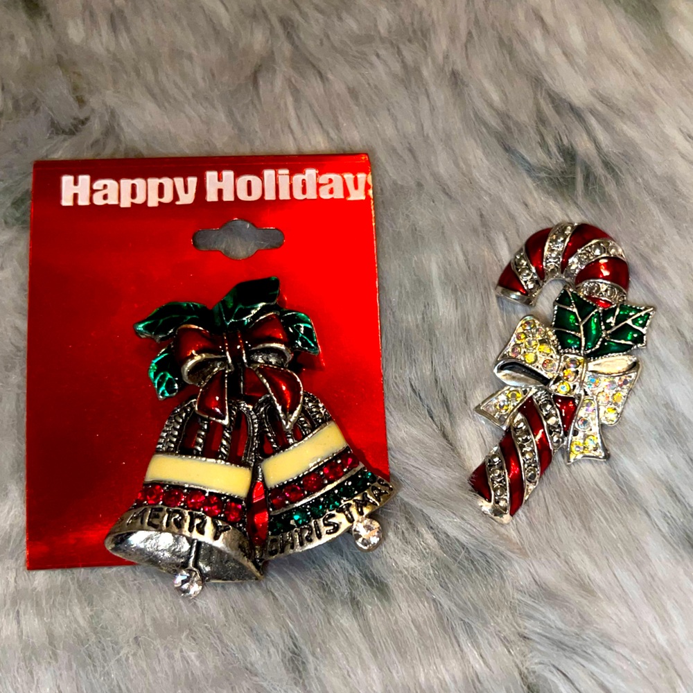 2 Vintage Merry Christmas Enamel Bells & Candy-cane Pins